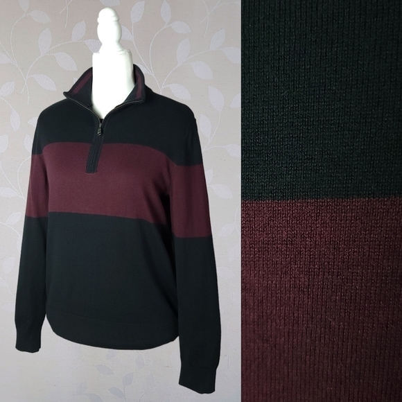 Banana Republic Quarter Zip Sweater 90s Stripe Black Red Pima Cotton Cashmere Sm - Picture 1 of 14